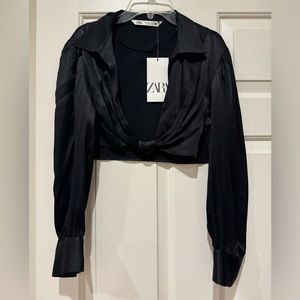 Zara Black Satin Cropped Long Sleeve Blouse